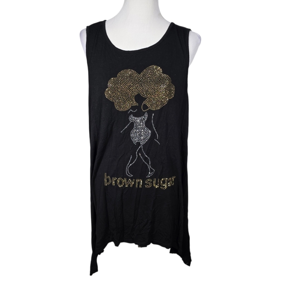 Blu *Large Brown Sugar Black Crystal Embellished Rhinestone Tunic Tank Top AS IS
